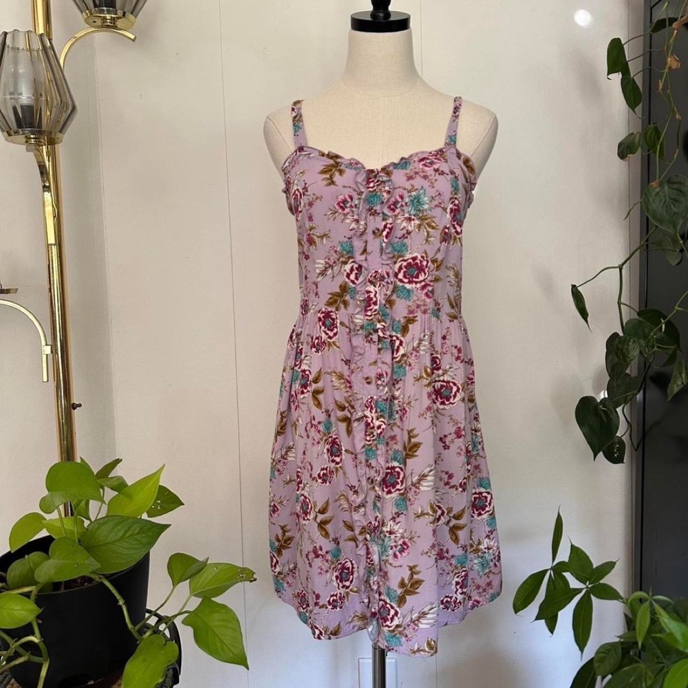 Xhilaration Lilac Purple Floral Rose Mini Dress Ruffle Summer Cottagecore Large
